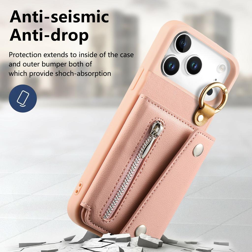 For iPhone 17 Pro Case D-Ring Holder Leather + PC + TPU Phone Cover with Wallet Kickstand