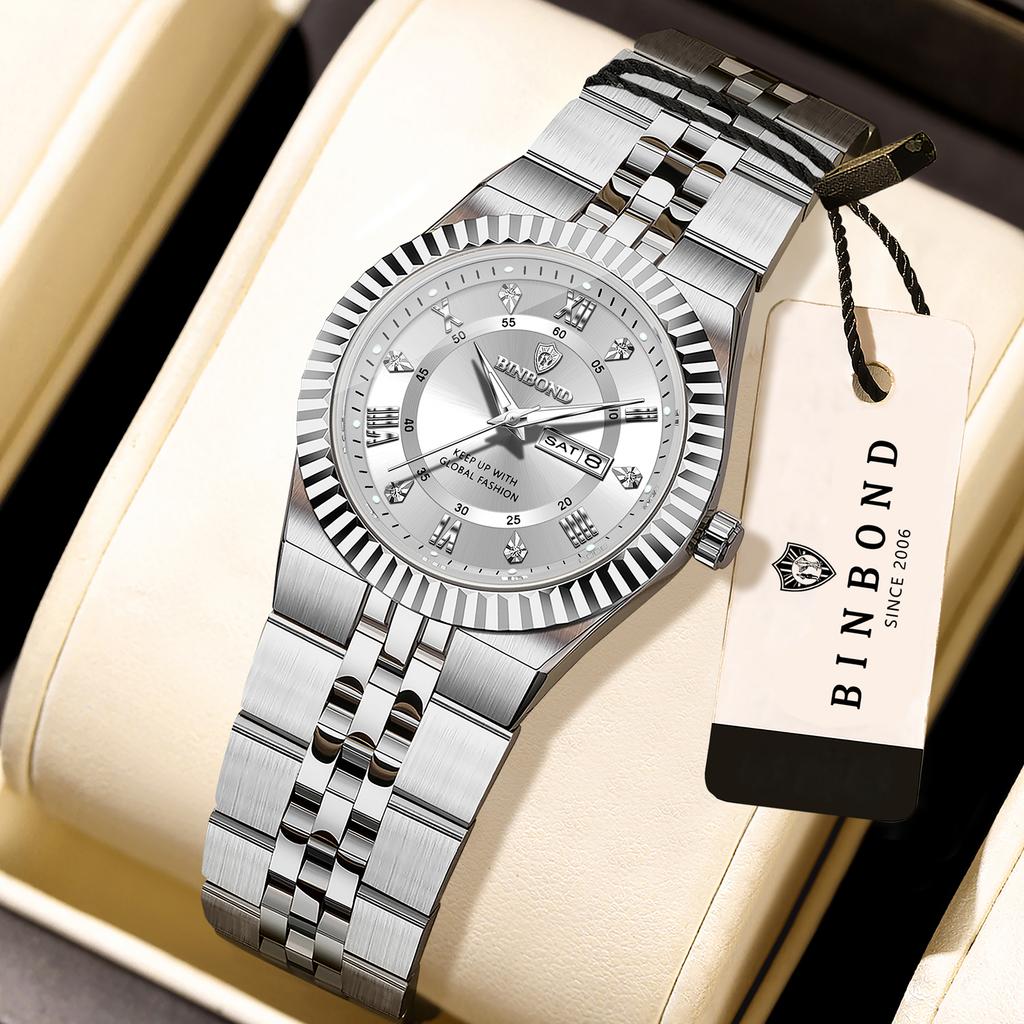 BINBOND Precise Quartz Watches For Men Week Display Auto Date Stainless Steel Luminous Waterproof Men's Watch Luxury Reloj