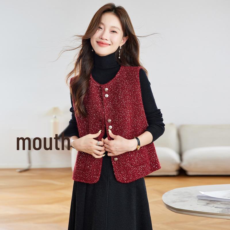 2025 Autumn Women's Fashionable Round Neck Knitted Cardigan Vest - Versatile Petite Sweater Top