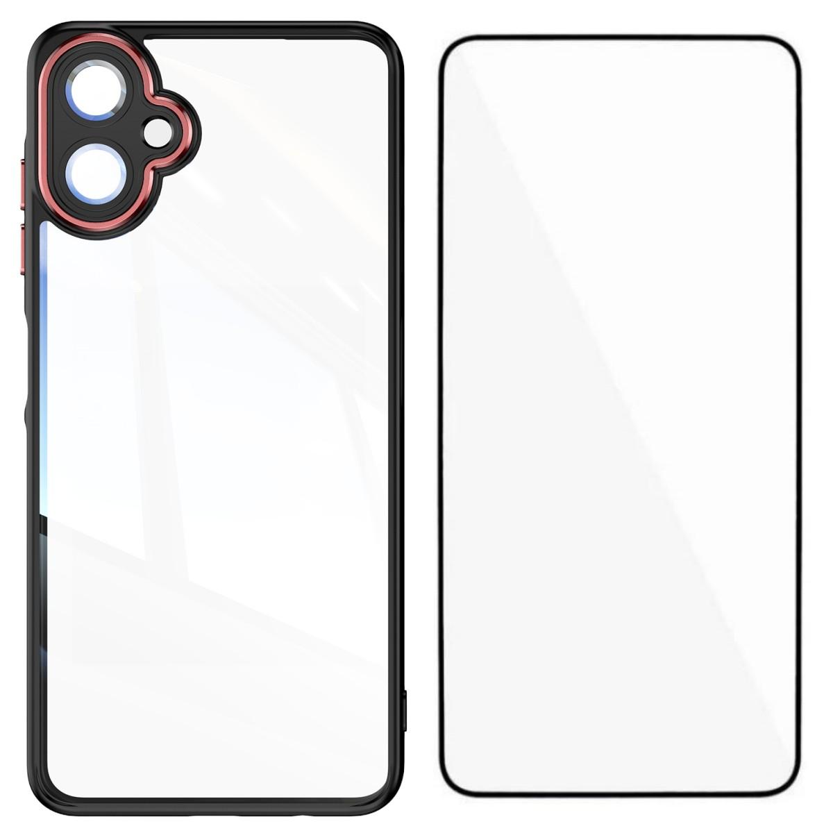 

For Samsung Galaxy A06 4G TPU Case WANLONFENG Shockproof Clear Phone Cover with Tempered Glass Film Black Red