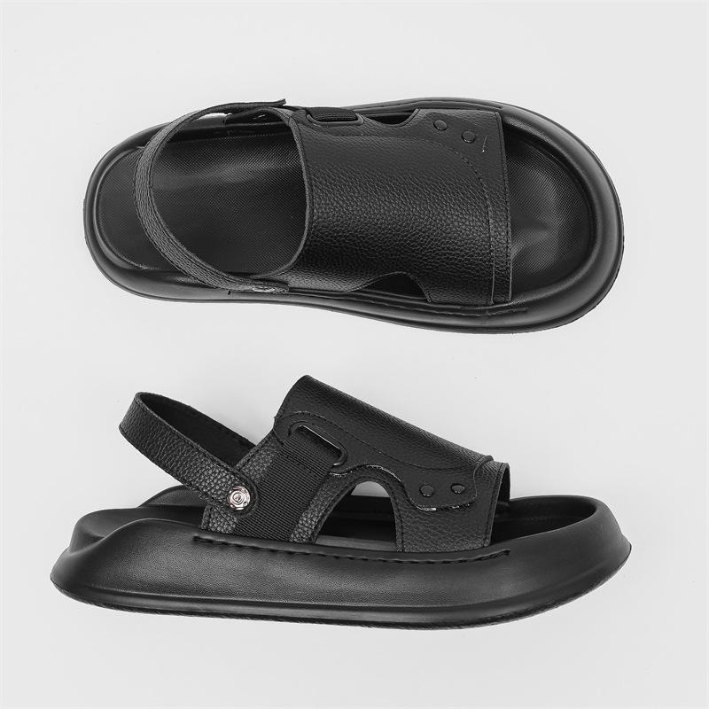 Sommer vielseitige neue Oberbekleidung Dual-Purpose Ein-Wort-Schlepp dicksölig rutschfest Strandschuhe 371232 Litschi-Muster schwarz-J