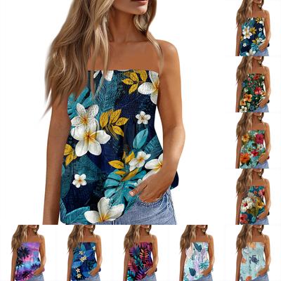 Women's Summer Fashion Strapless Top, Cute and Sexy Off-Shoulder Hawaiian Print Sleeveless T-Shirt