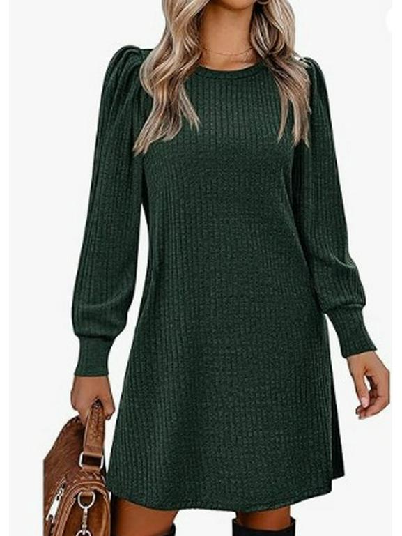 European & American Fashion Knitted Puff Sleeve Dress - Women's Autumn/Winter Casual Loose Fit with Pockets