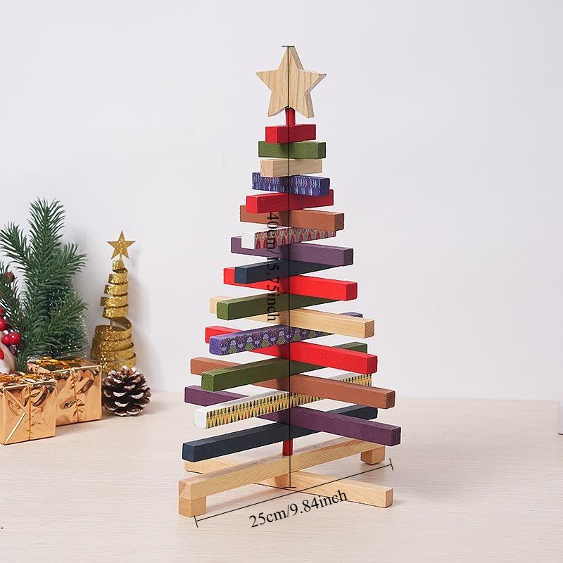 Drehbarer Weihnachtsbaum aus Holzbausteinen Deko Schreibtisch Festlich Drehendes Ornament Handgefertigt Holzmaserung Puzzle Stapeln Geschenk