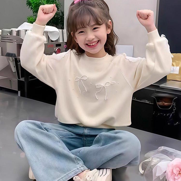 Girls' Versatile Long Sleeve Round Neck Sweatshirt with Bow Knot for Spring and Autumn