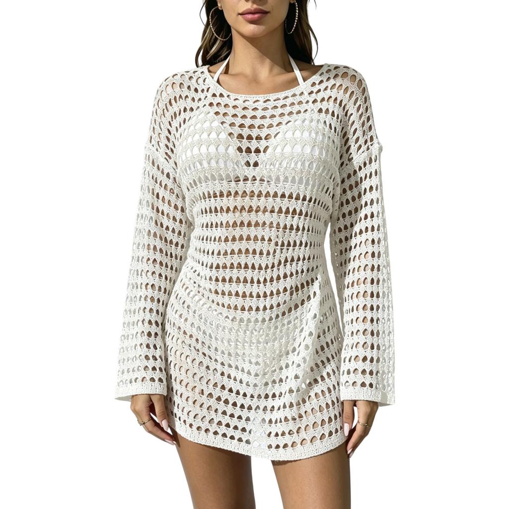 Women's Summer Knit Hollow Out Pullover Round Neck Long Sleeve Bikini Cover Up Beachwear Swimwear Dress
