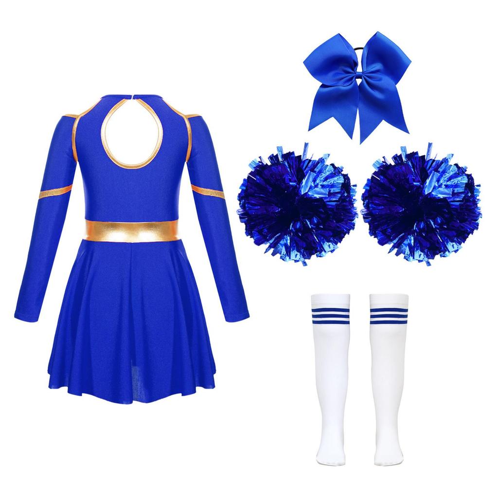 Kids Girls Long Sleeve Cheerleading Outfits School Event Cheer Leader Costume Halloween Dress Up
