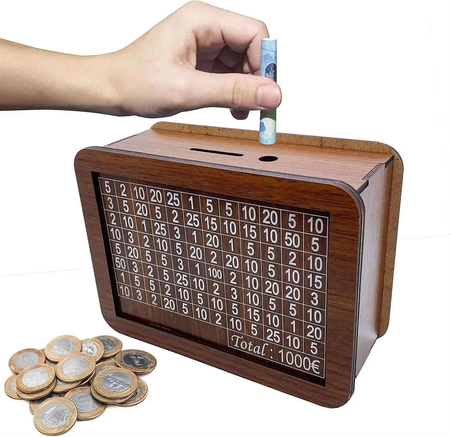 

1pc Money Wood Box Piggy Bank Wood Money Bank Reusable Money Box with Saving Goal and Numbers Money Boxes Money Drawer