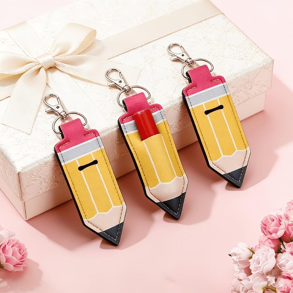 Pencil Shape Chapstick Key Chain Pouch PU Leather Pencil Shape Key Ring  Birthday Gifts