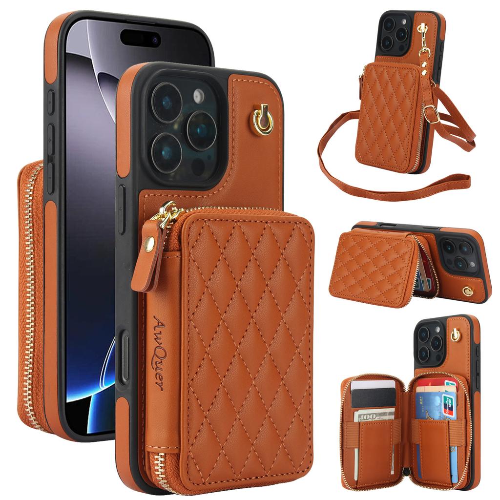 Quilted Zipper Wallet Phone Case For IPhone 15/14/13/12 - 7 Colors Leather Card Holder Cover