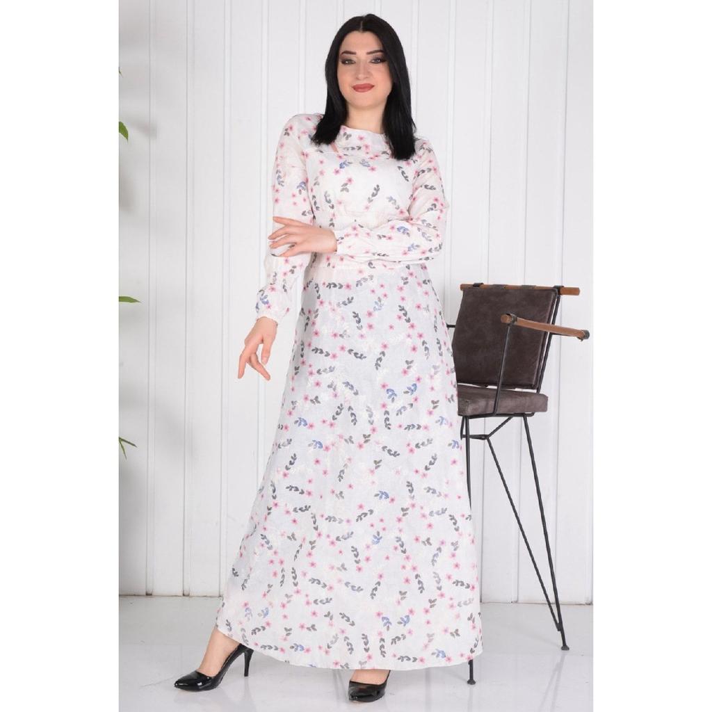Long Hijab Elastic Waist And Embroidered Dress / Blue Flower Embroidery (brode) Slim Fit Buy A Larger Size