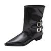 Pointed thick heel fashion small short boots spring and autumn new women's boots belt buckle sleeve knight boots medium tube pants tube boots
