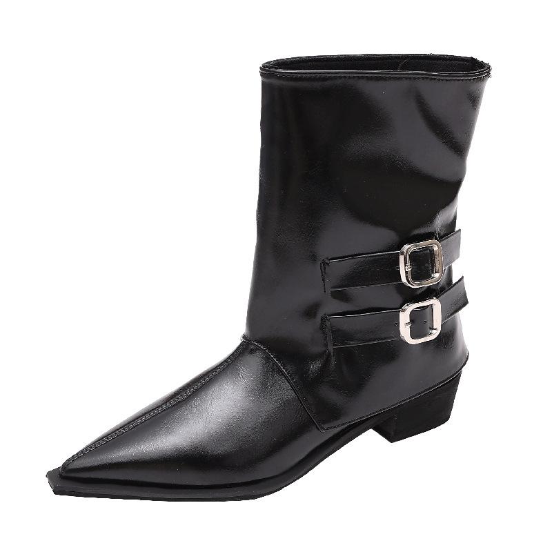 Pointed thick heel fashion small short boots spring and autumn new women's boots belt buckle sleeve knight boots medium tube pants tube boots