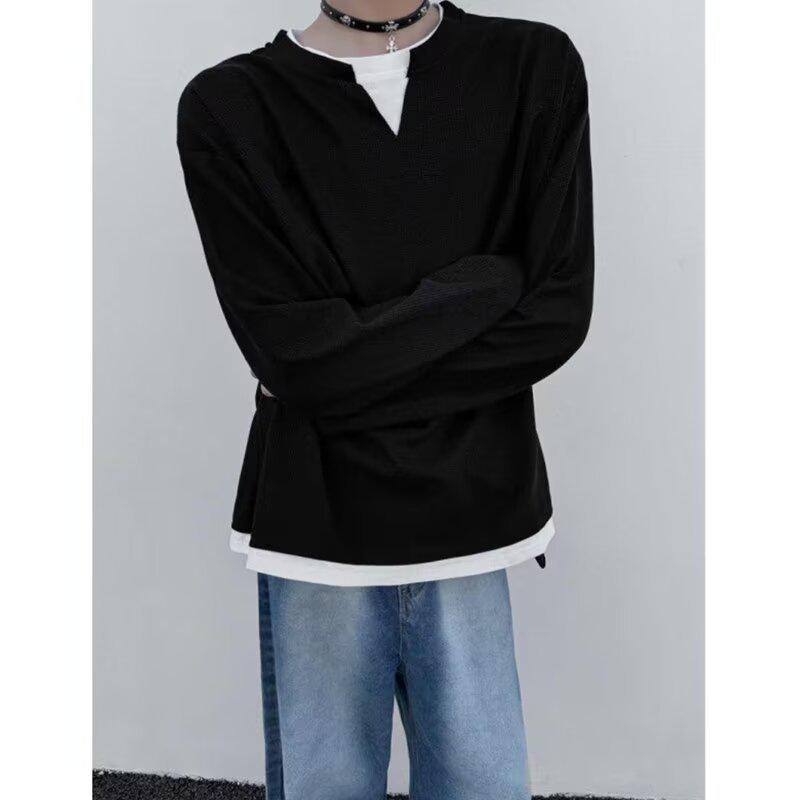 

Men s Korean Style Loose Round Neck Sweatshirt Tee - Trendy Two-Piece Look for Spring & Autumn 2024 2XL чёрный