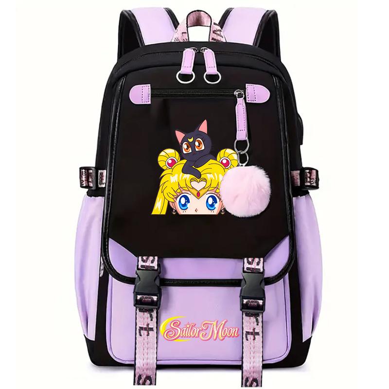 Sailor Moon Cute Anime Printed Student School Bag USB Interface Large Capacity Canvas Bag Computer Bag
