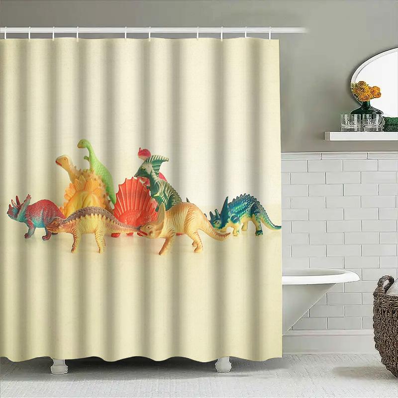 Dinosaur Shower Curtain Set Waterproof Forest Animals Kids Bathroom Decor Vintage Nature Backdrop Jungle Themed Washable Fabric