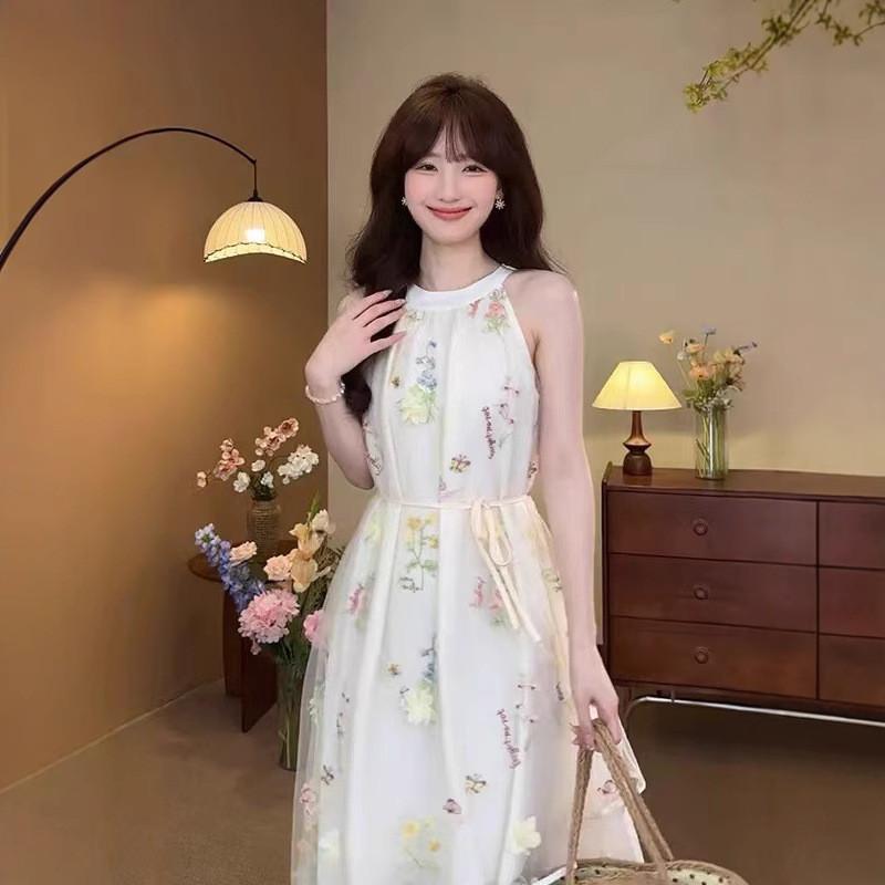 Summer Cotton Embroidery Sleeveless Dress For Beach Women With Mesh Floral Design