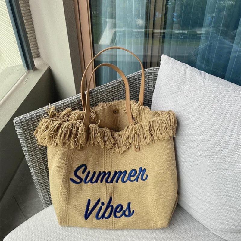 Large Capacity Bag Canvas Tote Bag Embroidered Letter Tote Bag Handbag Women's Bag Woven Beach Bag Shoulder Bag