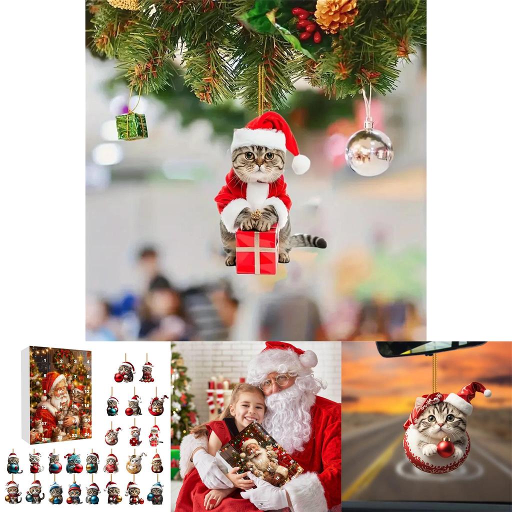 Christmas Countdown Calendar With Adorable Cat Acrylic Ornaments For Gift And Decor