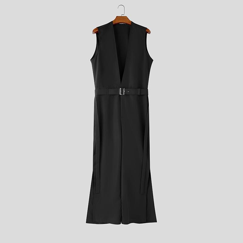 INCERUN Men Summer Deep V Neck Belt Waist Long Wide Legs Jumpsuits Overalls