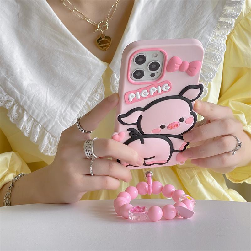Supersöt 3D Ass Pink Big Ears Pig + Heart Armband Silikonfodral till iphone 14 Pro Max Fodral 11 12 13 Pro Max Xs Xr 7 8 Plus X skal