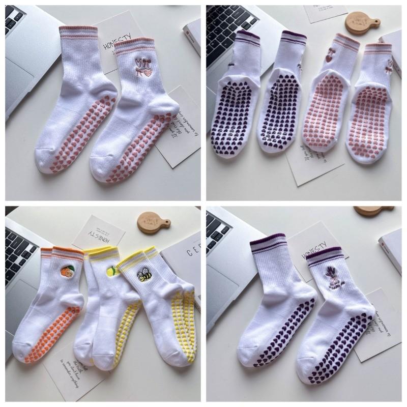 Non-Slip Professional Yoga Pilates Socks Women Fruit Embroidery Mid-Calf Sports Socks Customizable