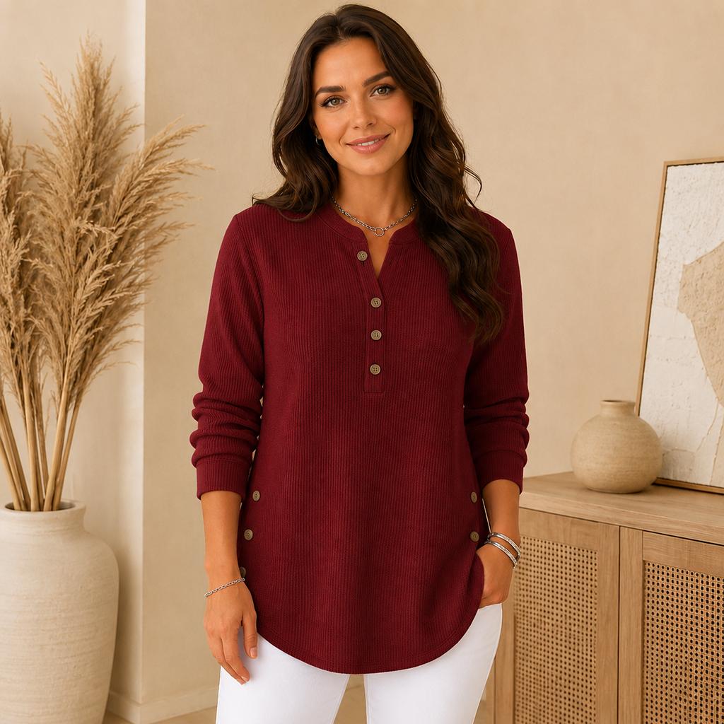 Ladies Daily Henley Style Knit Top, Long Sleeve Notch Neck Button Blouse, Curved Hem Side Buttons Loose Tunic for Street & Home Outfit
