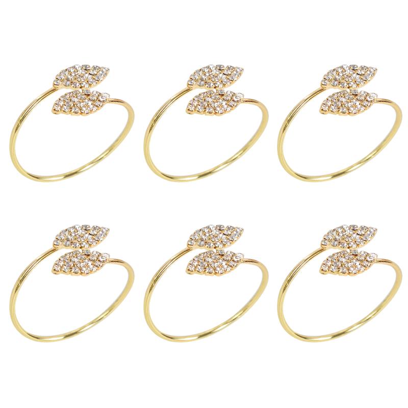 6Pcs/lot Gold Leaves Napkin Ring for Wedding Event Birthday Party Dinner Table Decoration Rhinestone Metal Napkin Buckles Holder