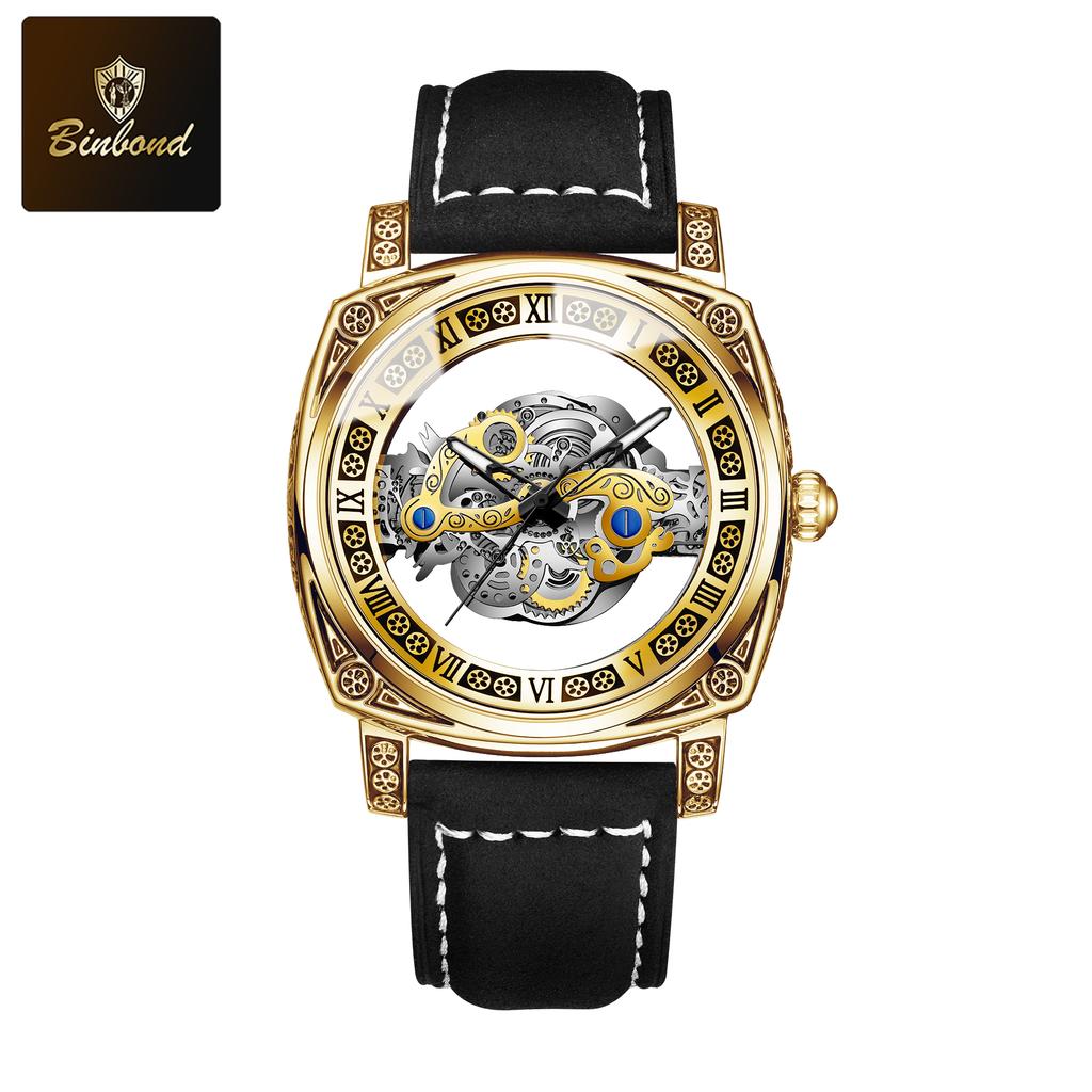 BINBOND Neue Herrenuhren Skelett Hohl Skelett Retro Herrenuhr Top Marke Luxusuhr Herren Armbanduhr Quarz