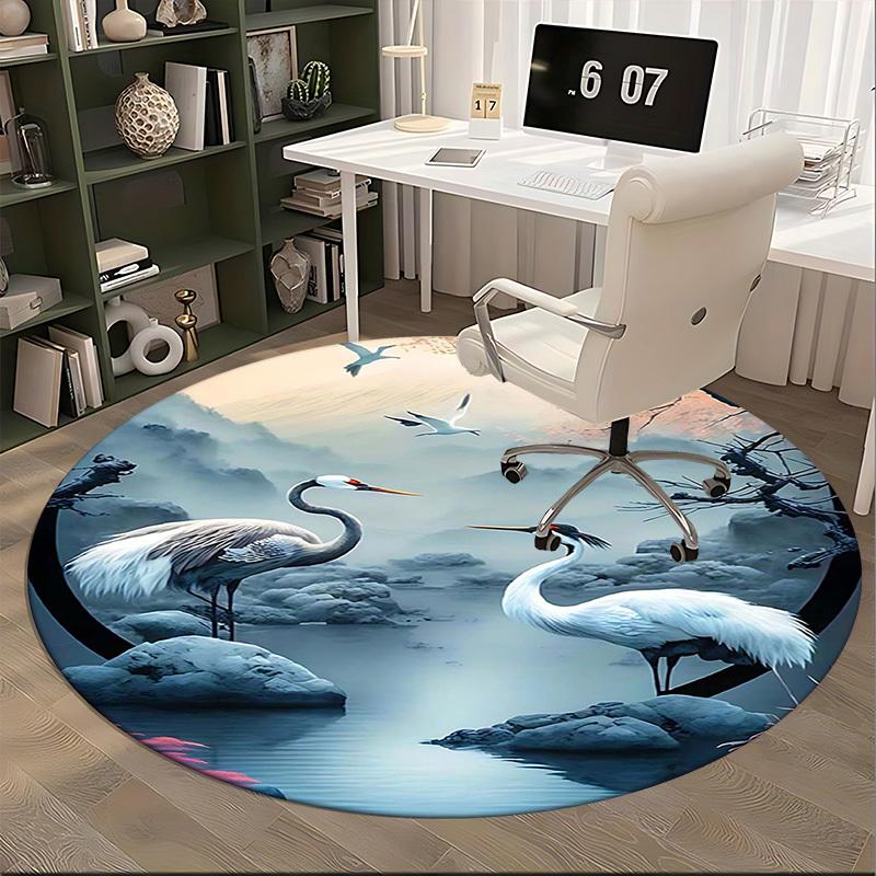 1pc Anime Crane Design Round Carpet Office Chair Mat, Non Slip Rug for Home Decor, Gift, Office, Living Room, Bedroom