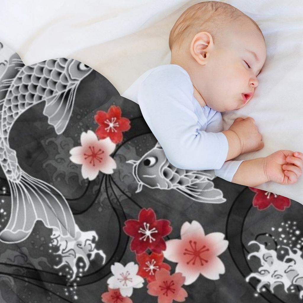 Koi Sakura Blossom In Black Throw Blanket Blankets Ands Luxury Designer Anime Decoratives Blankets