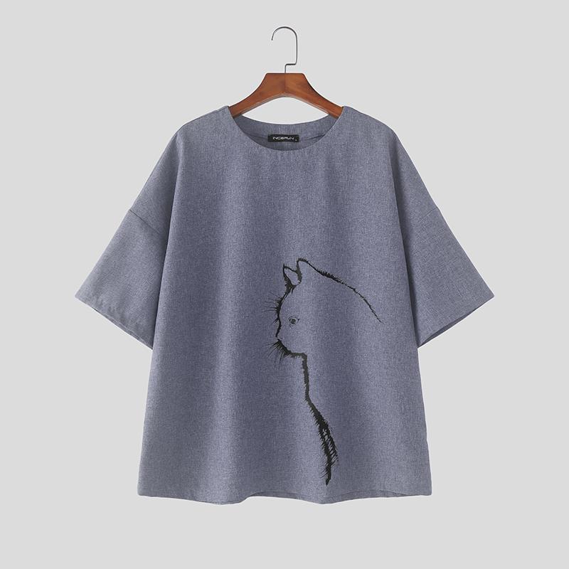 INCERUN Men Oversized O Neck Short Sleeve Print Casual Loose Fit T-shirts Tops College Style