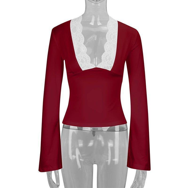 Pure Lust Hottie Trumpet Lace Splicing T-shirt Slim Fit French Long-sleeved Low-neck Top