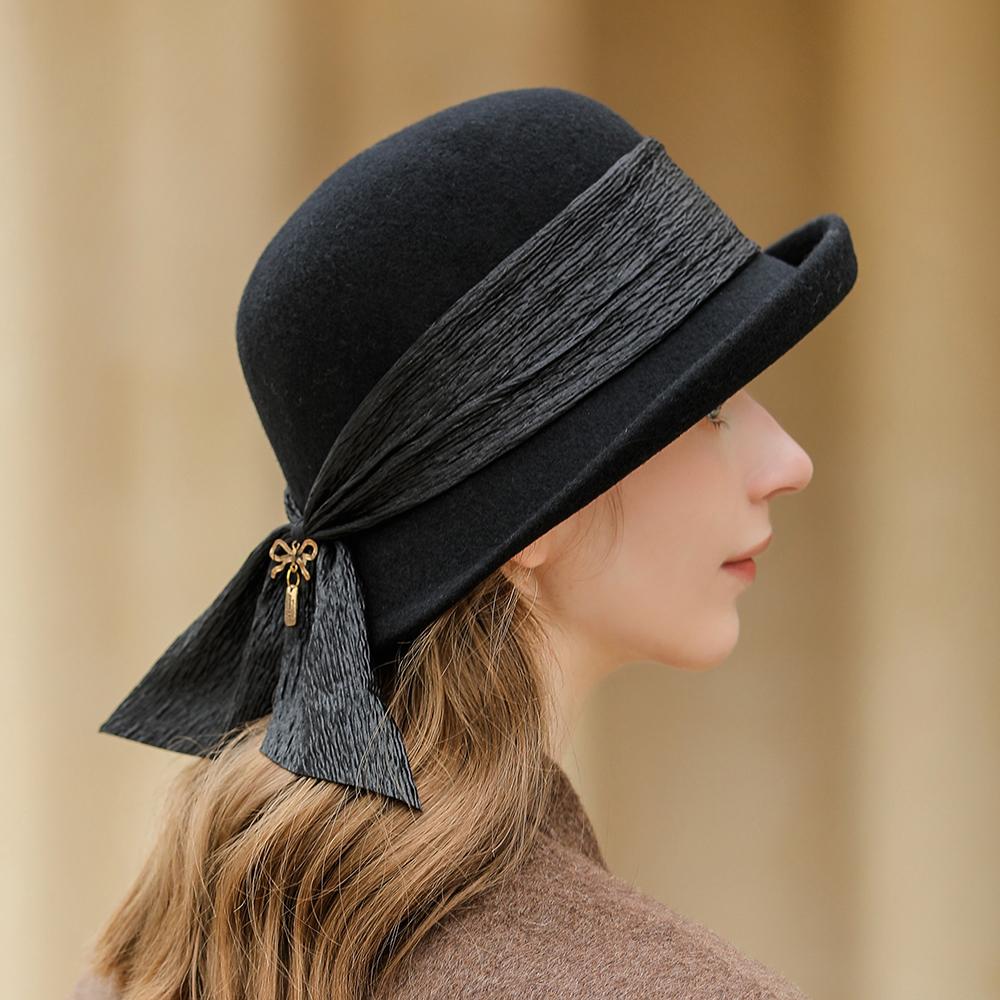 Women Party Formal Headwear Bucket Hat Lady Winter Fashion Asymmetric Ribbon Bowknot 100% Wool Felt Hats