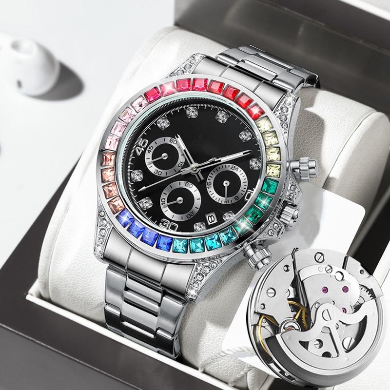 

Бизнес кварцевые часы мужские цветные стразы нержавеющая сталь водонепроницаемые мужские часы серебряный