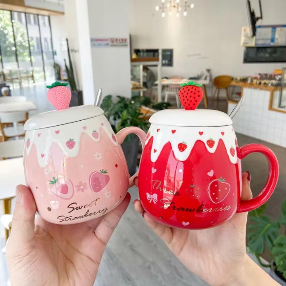 Pink Color Coffee Mug With Lid Porcelain Mug Cute Design Strawberry Mug Breakfast Use