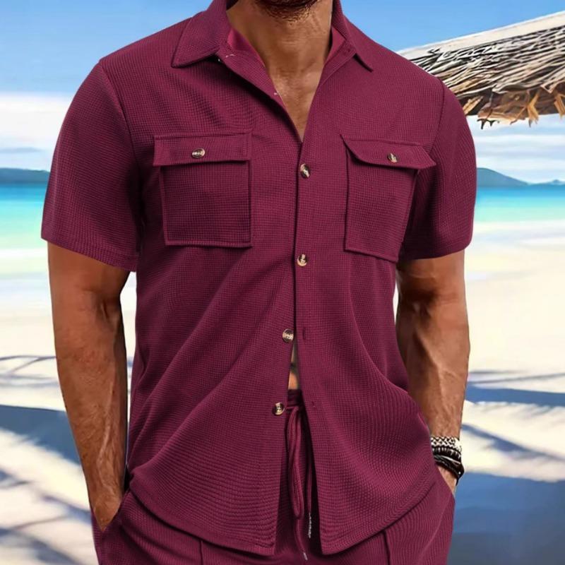 Sommer Herren Kurzarm Lässig Einfarbig Revers Knopf Tasche Vielseitiges Hemd Lockerer Pullover