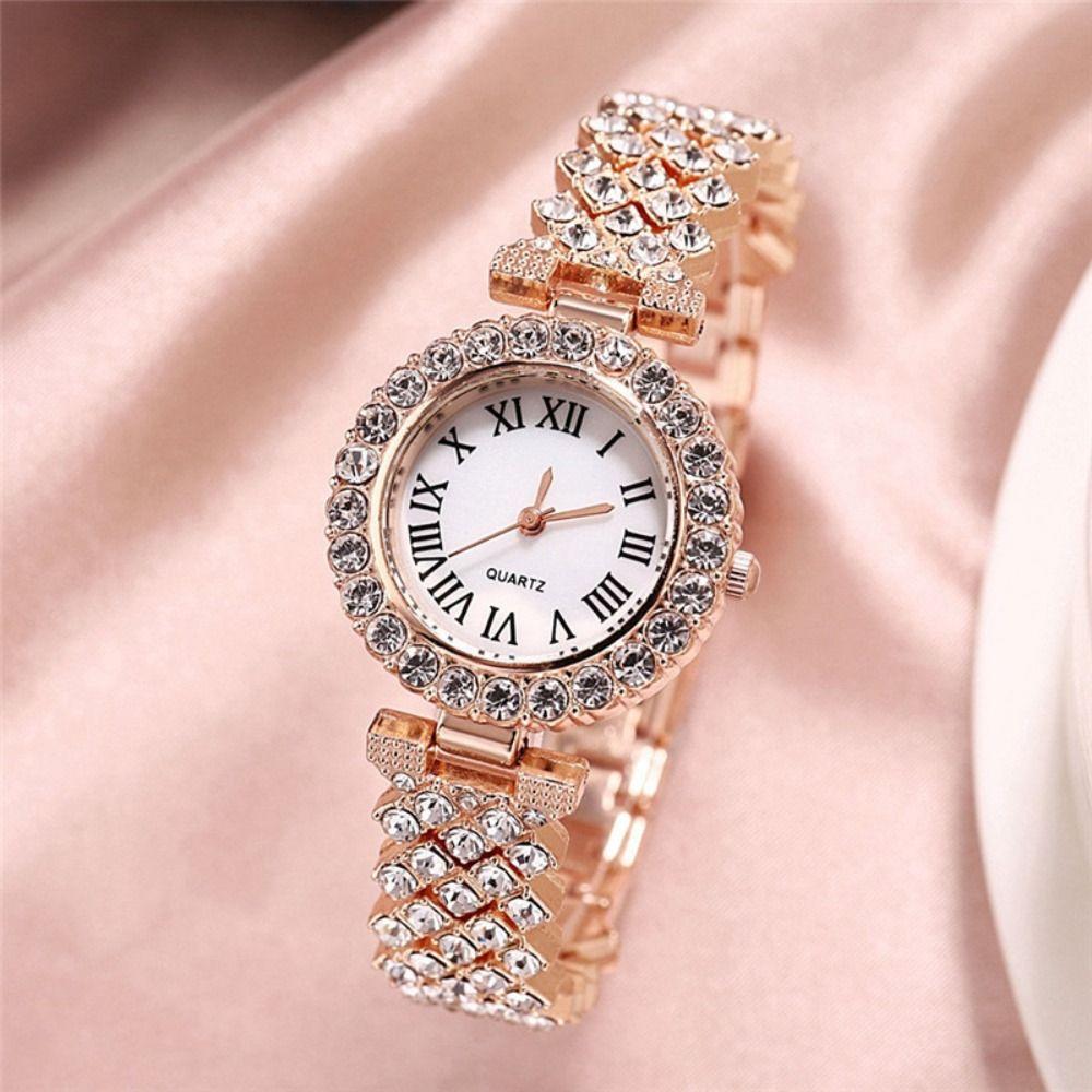 Silver Rhinestone Quartz Watches Luxury Watch Bracelet Set Rose Gold Watch  Daily Use