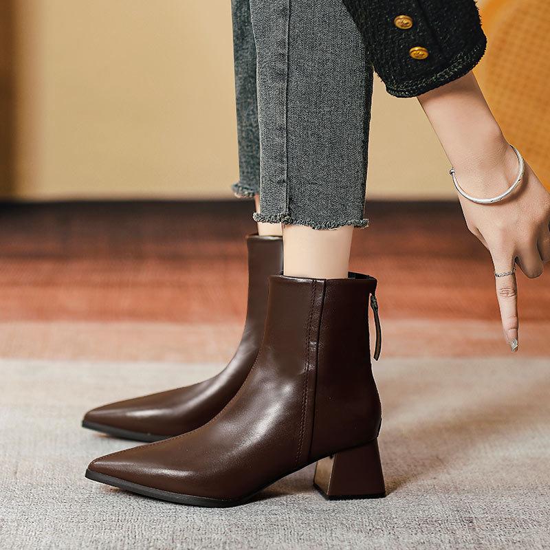 Coarse Heel Short Boots French Temperament High Heel Thin 2025 New Boots Brown Pointed Small Bare Boots Spring and Autumn Single Boots