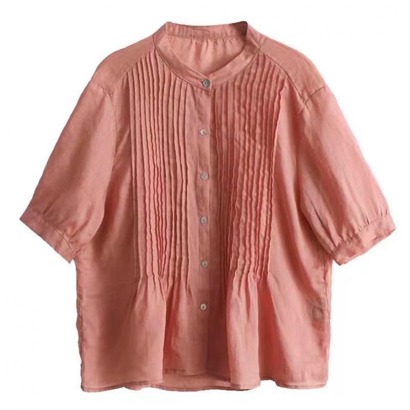 Summer Art Retro Fine Linen Top Women's Thin Cotton Linen Short Sleeved Shirt Blouses & Shirts