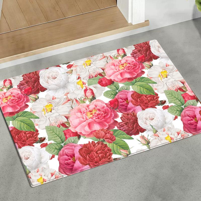 3D Colorful Flowers Flannel Doormat Absorbent Mat for Bedside Entrance Kitchen Floral Rug Home