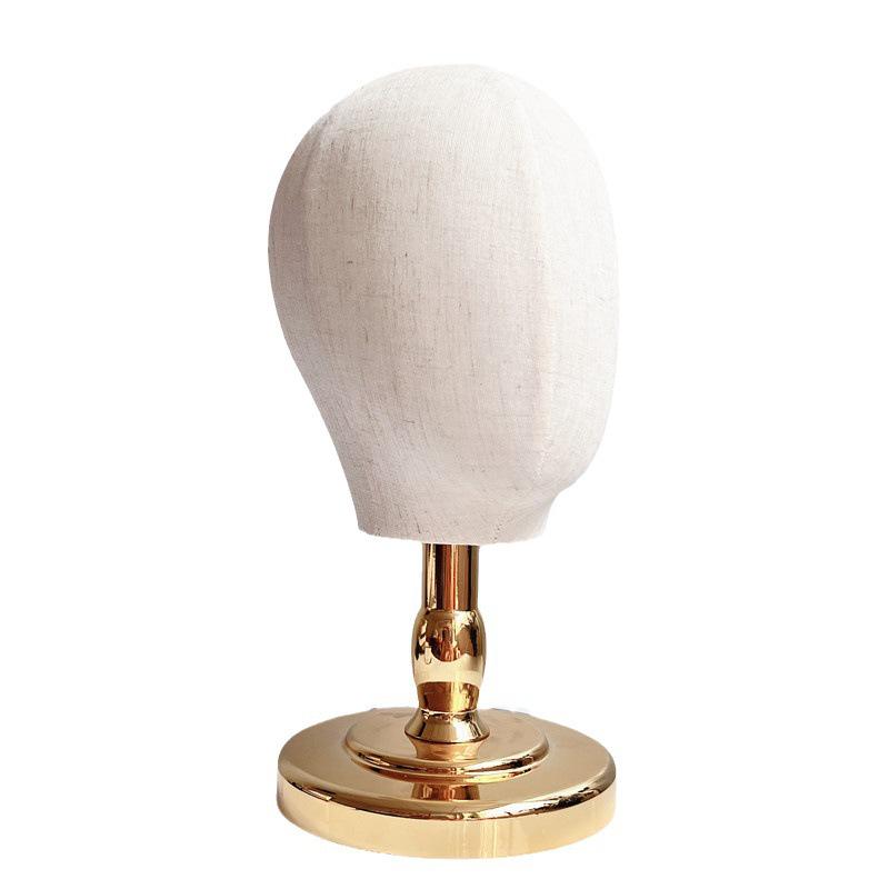 Burlap Head Mold with Gold & Silver Base - Short Neck Fabric-Wrapped Hat & Wig Display Stand