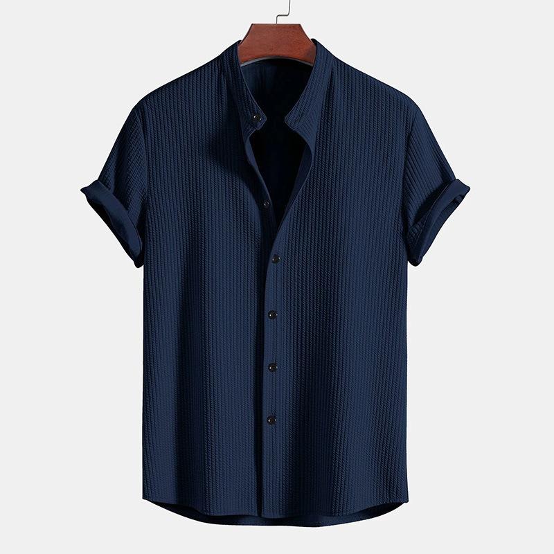 Men's Short Sleeve Solid Color Button Down Shirt Stand Collar Top