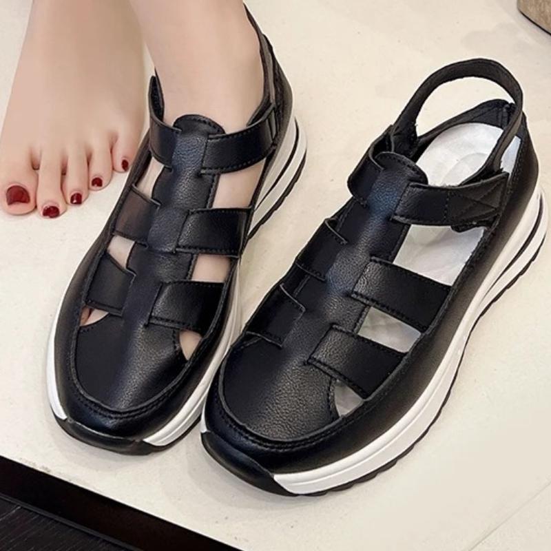 Fashion Women's Sandals 2025 New Summer High-quality Solid Color Buckle Strap Closed Toe Thick-soled Breathable Baotou Sandals Zapatos