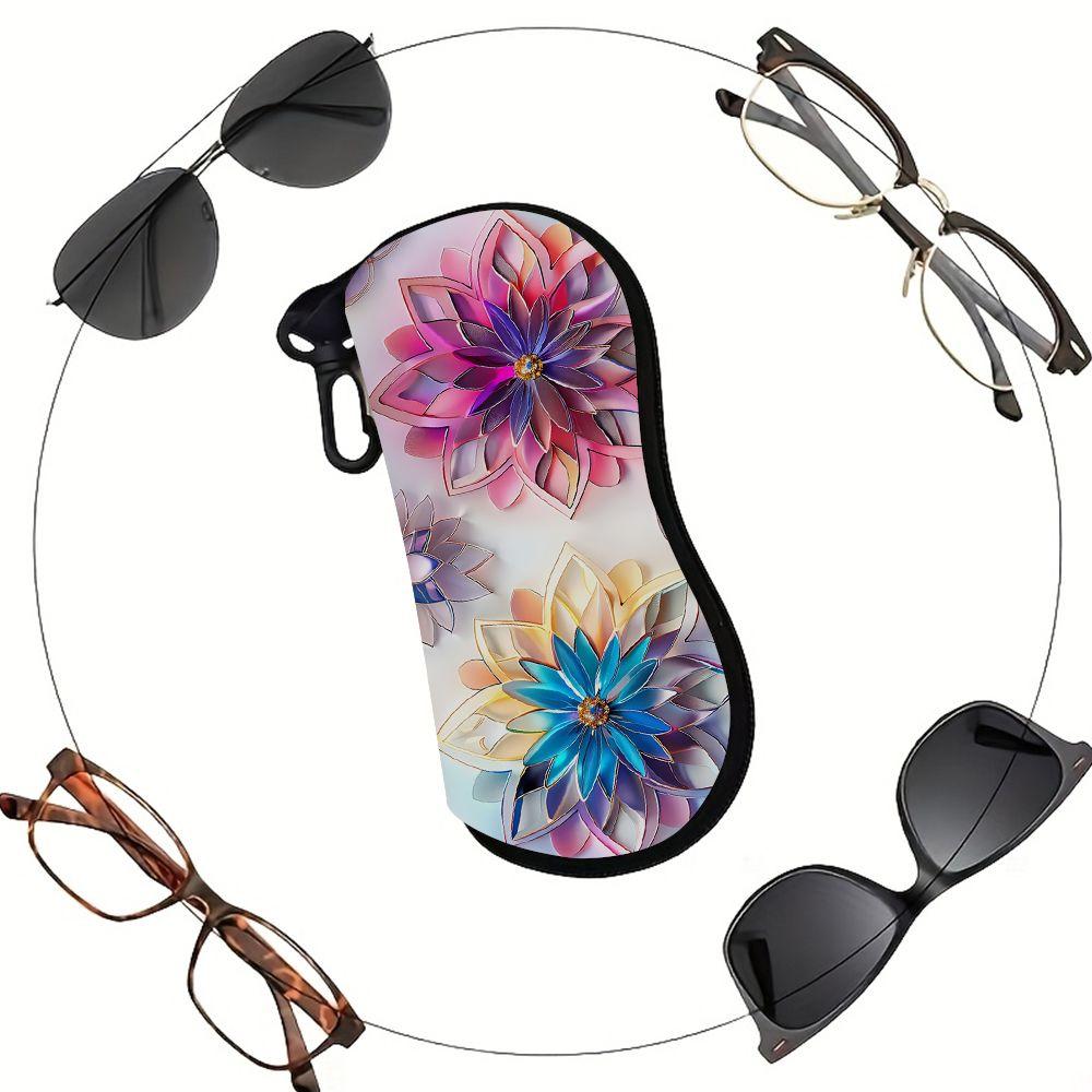 2D-Colorful Floral Pattern Zipper Sunglasses Case, Protective Eyewear Container with 3D Flower Print, Travel Glasses Organizer for Women Gift