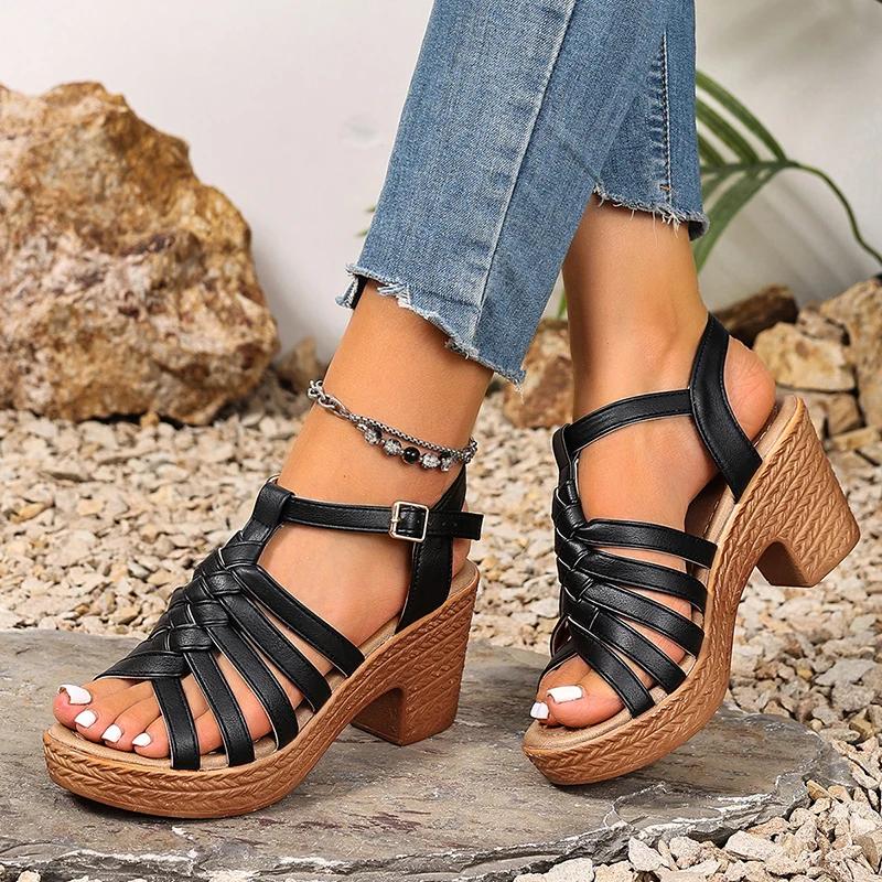 Fashion Fashion Woven Straps Chunky Heel Sandals Women Summer Ankle Buckle High Heeled Rome Shoes Woman Open Toe Platform Sandles 36-42