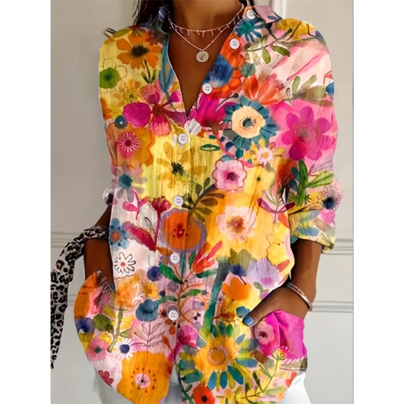 Autumn Women's Casual Long Sleeve Shirt Beautiful Flower Print Travel Lapel T Shirt Elegant Single Breasted Tops Long Shirt