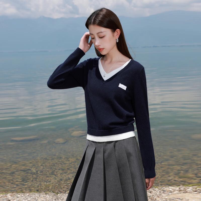 Sancai Plus Size V-Neck Faux Two-Piece Knit Top