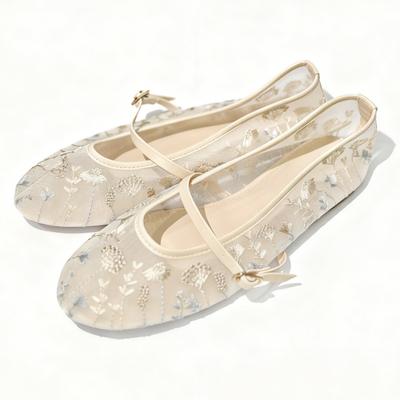 Elegant Embroidery Mesh Ballet Flats Women Fashion Round Toe Narrow Buckle Mary Jane Shoes Light Soft-soled Comfort Women Shoes