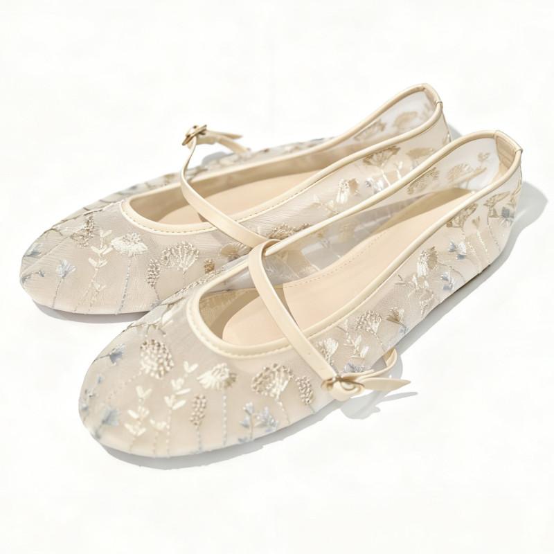 Elegant Embroidery Mesh Ballet Flats Women Fashion Round Toe Narrow Buckle Mary Jane Shoes Light Soft-soled Comfort Women Shoes